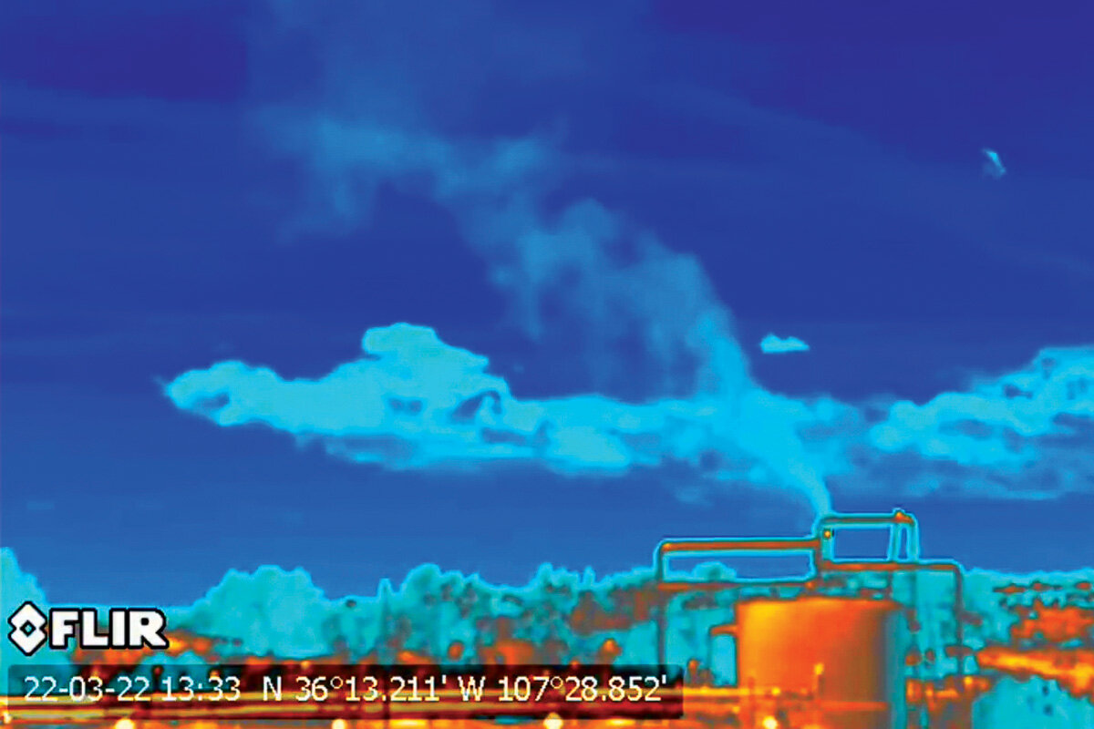 An infared video still by Earthworks shows gas emitting from a site in Rio Arriba County, New Mexico.