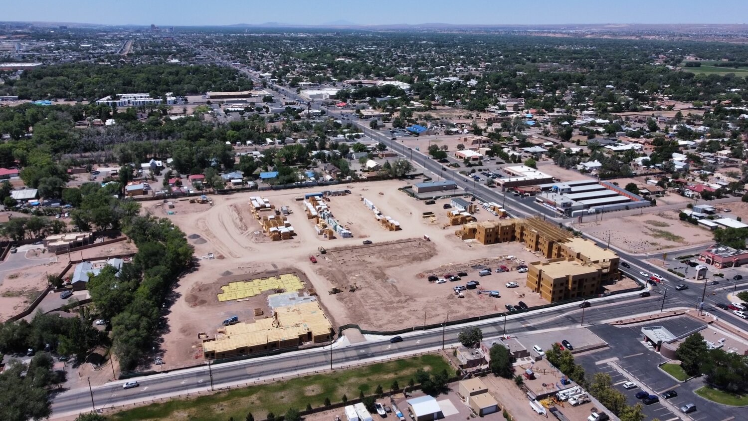 Arial view of a controversial 13-acre multi-use development at Fourth St. and Osuna Ave. in Los Ranchos
