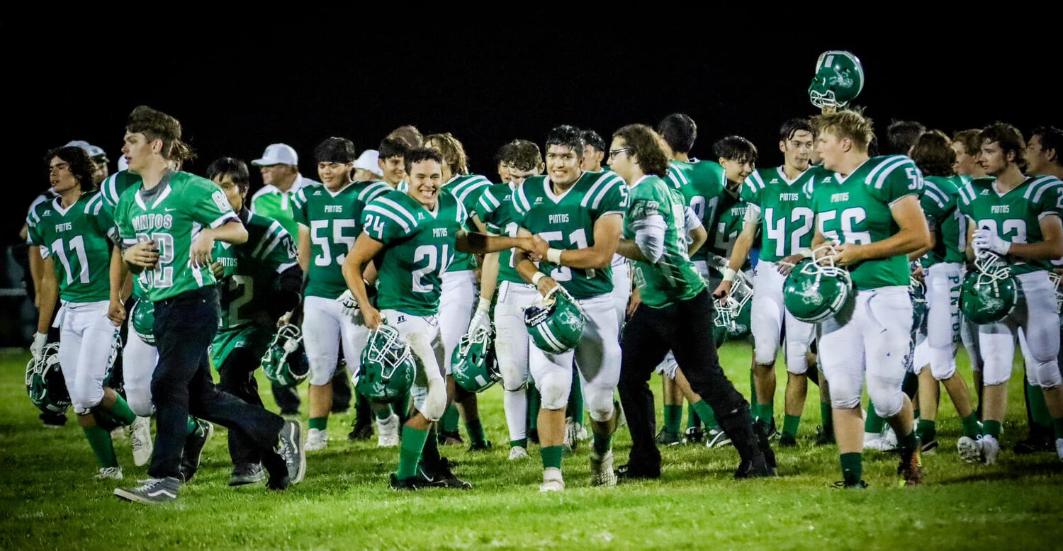 The Moriarty football celebrates a 54-0 win over Newcomb to improve to 3-0 on the season. The Pintos are now ranked fourth in Class 4A.