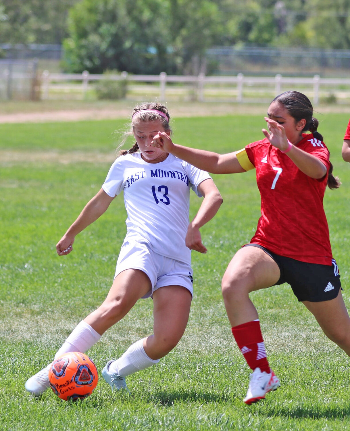 East Mountain's Rylee Hyde battles for the ball against Robertson in game last week that the Timberwolves won 4-1.