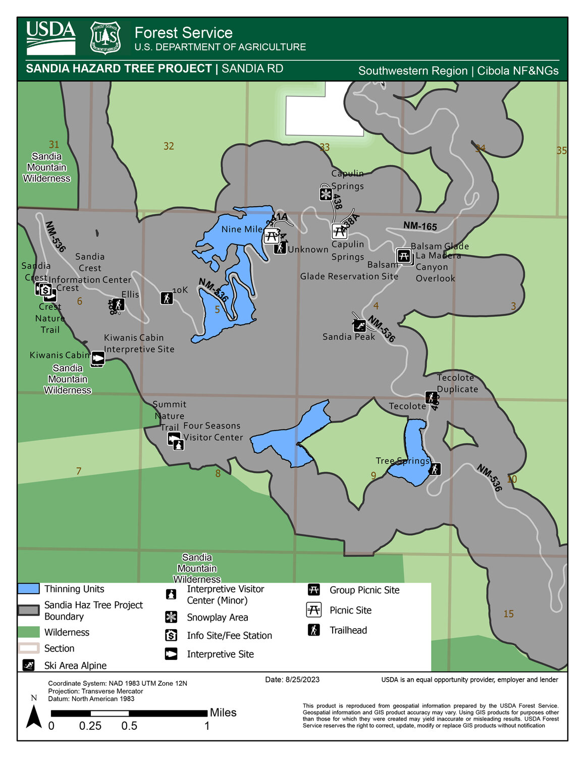 Areas of the Sandia Ranger District that will be undergoing the Sandia Hazard Tree and Thinning Maintenance project over the next six months.