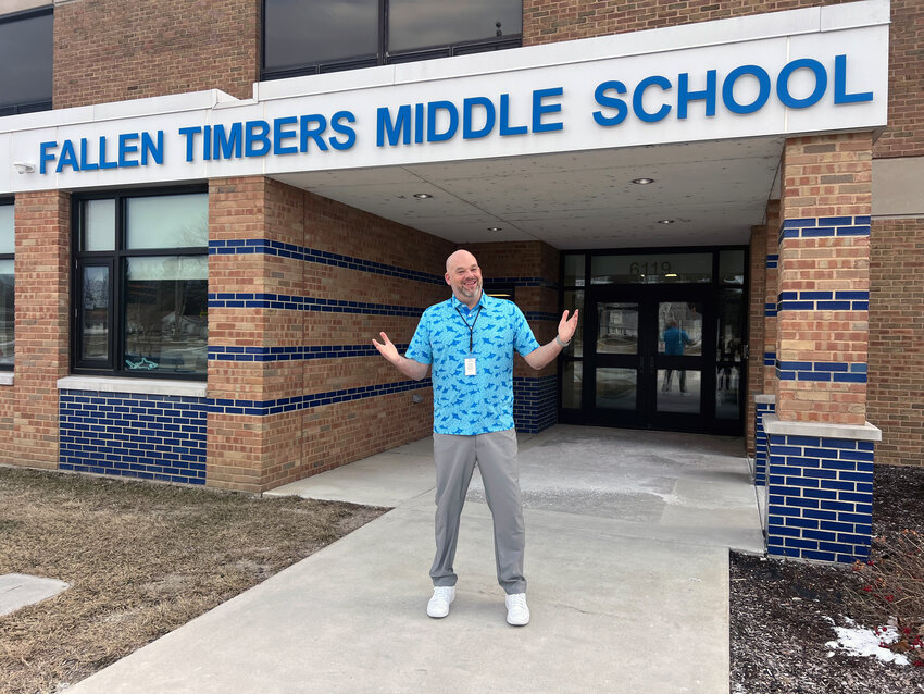 Terry Tansel is pictured in front of the Fallen Timbers Middle School entrance, where he spent the past 12 years as the assistant principal. He will transition to a role as Lake Elementary's principal in August.