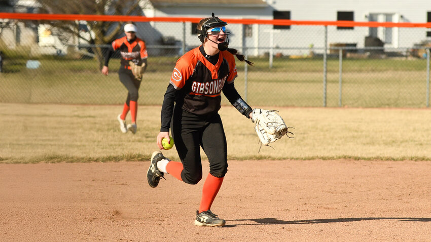 Gibsonburg's Ansley Fleming celebrates after tagging out a baserunner attempting to steal during a game against Otsego on March 26, 2025.