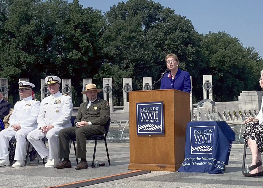 Marcy Kaptur speaks at the World War II memorial anniversary ceremony in Washington D.C. in 2024.