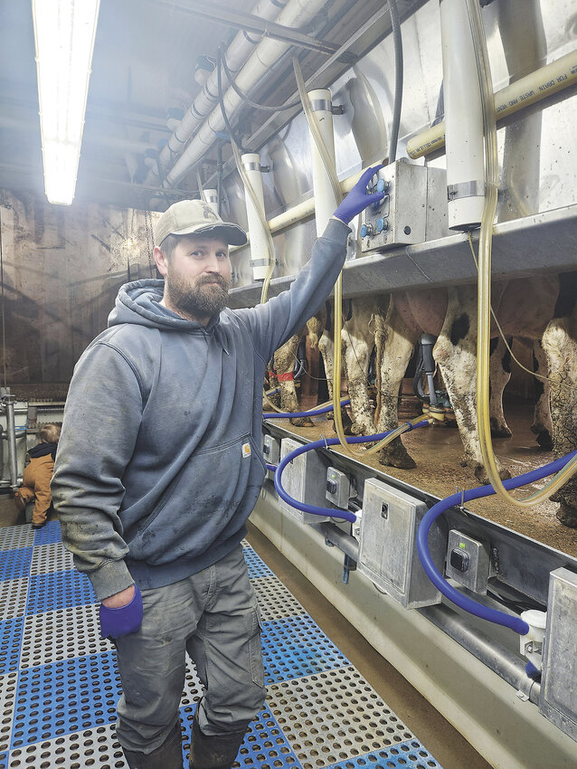 Robert Nosbisch milks cows Feb. 21 at his farm near Holy Cross, Iowa. Nosbisch completed a farm transition after working toward ownership for 12 years.