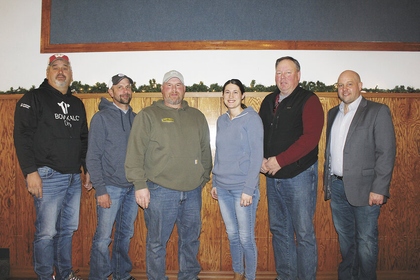 Members of the Clark County Holstein Breeders Association — Ken Horn (from left), Brian Begert, Jeremiah Hagen, Ashley Kaiser, Scott Pralle and Joe Meyer — are recognized March 20 for their placings in the club’s first Breeders Cup in Merrillan, Wisconsin. Six members entered 14 cows to be evaluated by fellow Wisconsin Holstein breeder Mark Rueth.