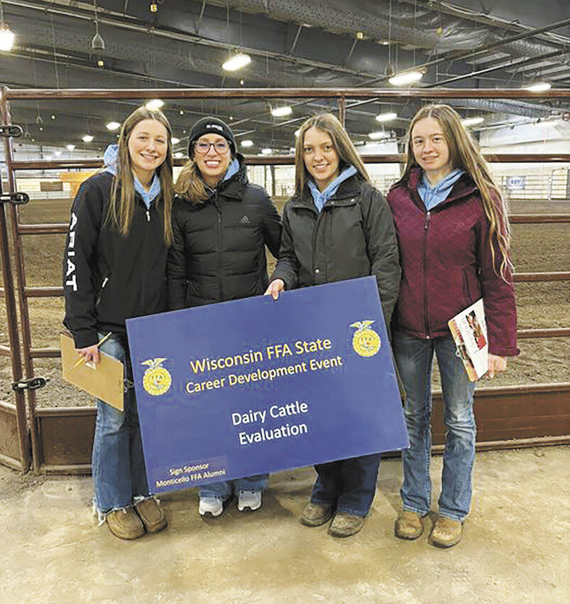 Colby FFA Chapter members Breanne Zawislan (from left), Jazmyn Heeg, Ella Raatz and Jenelle Ertl win the Dairy Cattle Evaluation and Management Career Development Event April 27 in Madison, Wisconsin. The team will compete at the national contest this fall at the National FFA Convention & Expo in Indianapolis, Indiana.