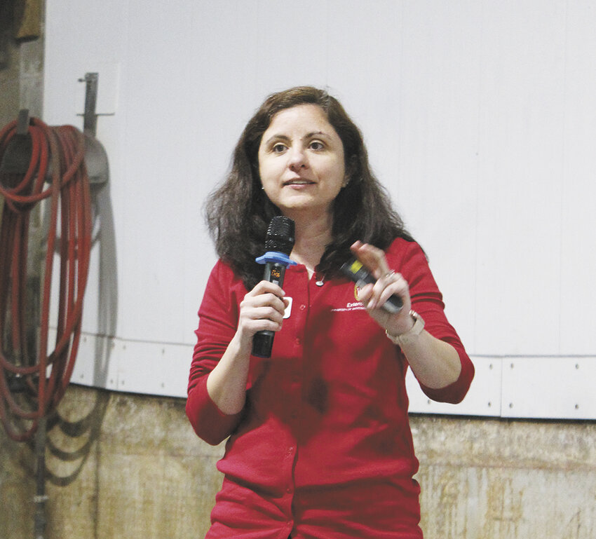 Dr. Nesli Akdeniz speaks about ventilation April 9 in Abbotsford, Wisconsin. Akdeniz is looking for ways to ensure proper ventilation in dairy barns is as efficient as possible.