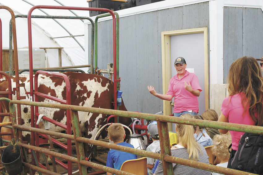 Kendra Thewis explains how dairy cows are milked June 30 during the Chequamegon Dairy Day on her farm near Mellen, Wisconsin. Two Ayrshire cows are in residence at Sunshine’s Agriculture Experience Farm, operated by the Thewis family.