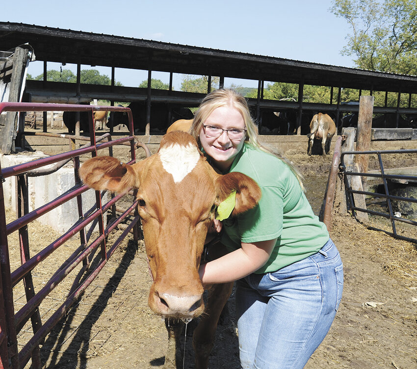 Heidi Juedes hugs Iliana, her first registered Guernsey, Aug. 26 on her family’s farm near Marshall, Wisconsin. Heidi currently has two Guernsey cows and a pregnant yearling and hopes to keep growing this part of her herd.