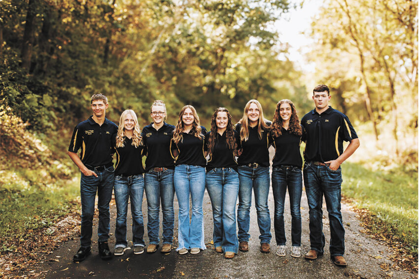 The 2024-25 Brookwood FFA Officer Team — sentinel Chance O’Rourke (from left), parliamentarian Sophie Hyatt, reporter Anna Peterson, secretary Emily O’Rourke, president Payge Clark, vice president Alice Wiedmeyer, treasurer Miranda Arndt and chaplain Aaron Voigts — gather near Ontario, Wisconsin. The chapter was founded in 1963 and has 90-95 members.