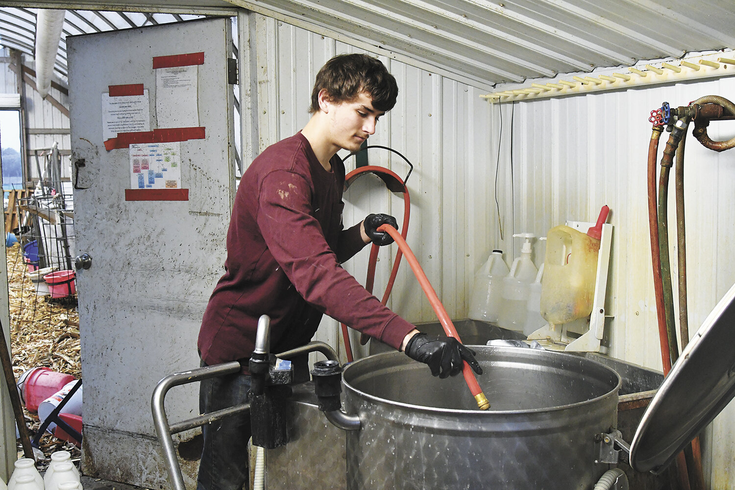 Brodee Naatz sprays out the portable milk dispenser Oct. 19 at the Naatz family’s dairy farm near Mantorville, Minnesota. The Naatzes feed their calves with bottles until weaning.