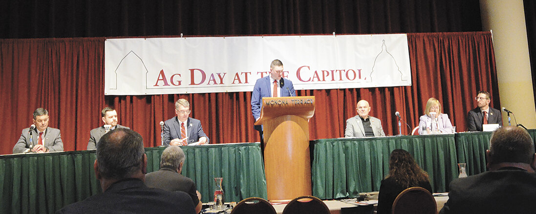 Rep. Tony Kurtz (from left), Sen. Patrick Testin, Sen. Brad Pfaff, Jason Mugnaini, moderator and executive director of governmental relations at Wisconsin Farm Bureau Federation, Rep. Dave Considine, Sen. Joan Ballweg and Rep. Travis Tranel speak at Ag Day at the Capitol Jan. 31 in Madison, Wisconsin. The panel shared thoughts on legislation under consideration and opportunities to help farmers.