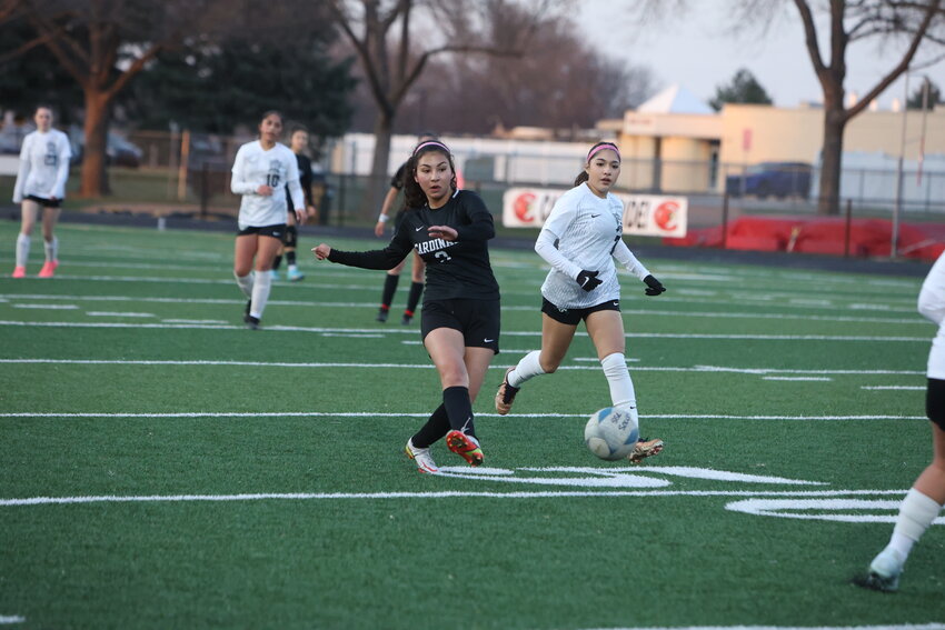 Tiffany Nicholas-Trochez passes the ball ahead for South Sioux City’s girls during Thursday’s 1-0 win over Sioux City West at the Cardinal Athletic Complex.