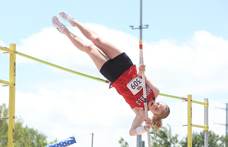 Madelynn Bohnet tied for seventh in the Class A girls pole vault during action at the 2025 Nebraska State Track and Field championships in Omaha. The junior cleared 10 feet, 6 inches.
