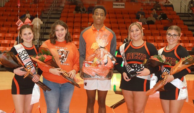 Lumberjacks recognized graduating seniors from the basketball and cheering teams. Left to right: Sarah Forrest; Victoria O&rsquo;Neil; Jayden Ridgell; Murphie Wilkinson; and Ashlyn Crawford.