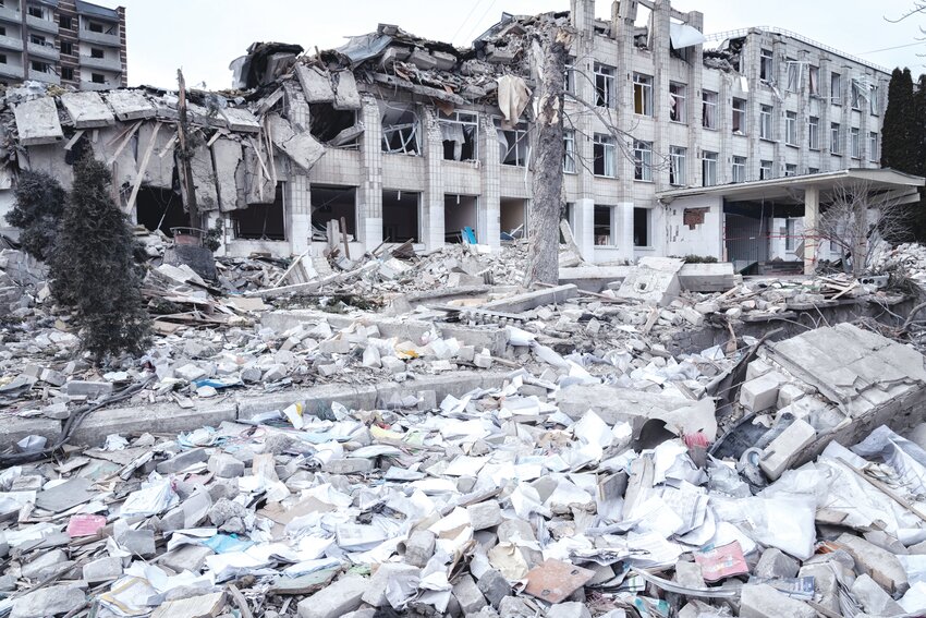 A school in the Ukrainian city of Zhytomyr, destroyed after a Russian ballistic missile hit
