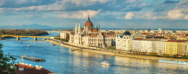 The Hungarian Parliament Building in Pest, on the eastern bank of the Danube River