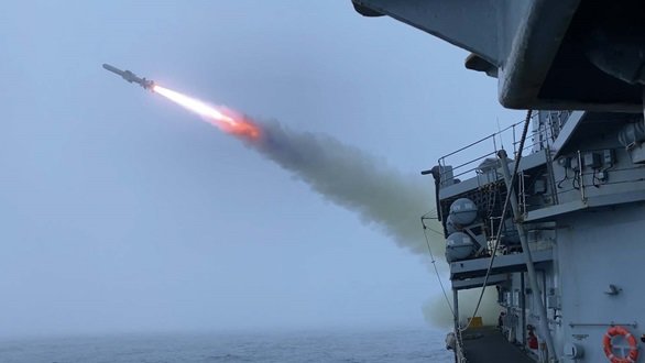 HMS Westminster fires Harpoon anti-ship missiles