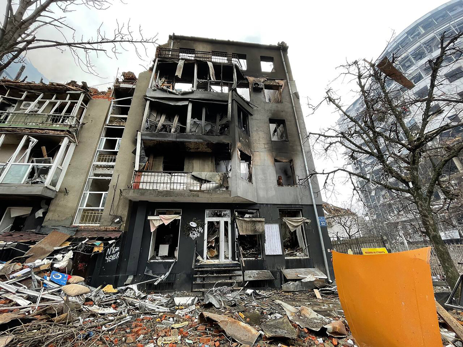 Destroyed buildings on the streets of Kharkiv, Ukraine.  