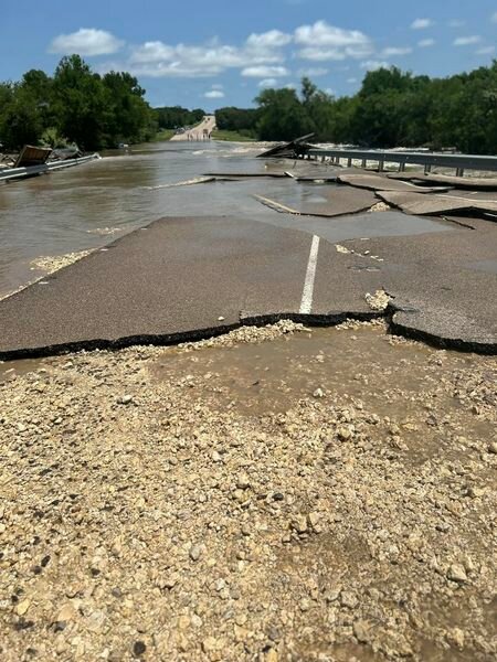 Cow House Creek Bridge on FM 116 at Pidcoke is closed due to major flood damage .