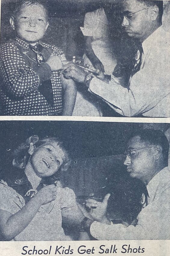 In the top picture, 7-year-old Buddy Altum took his polio vaccine like a man, while Delace Daniels flashed a big smile for the camera when she received her vaccine from Dr. John T. Brown.