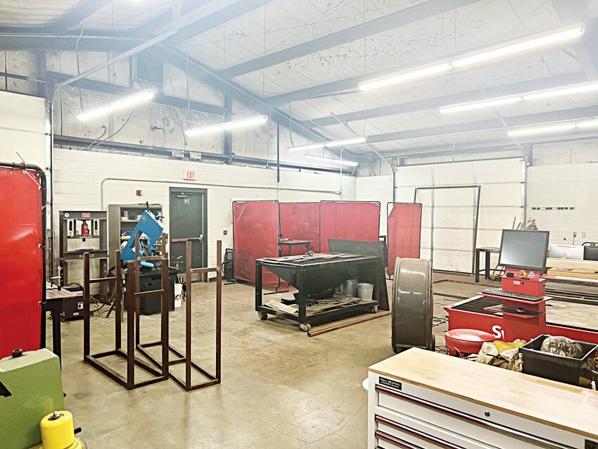 The Oglesby ISD Agricultural Mechanics Shop is shown, which holds limited space for students to work and for storage purposes.