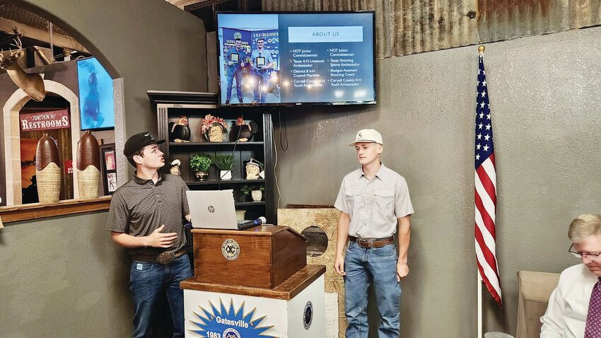 Coryell County 4-H students Jeret Burks (left) and Dutch Nielsen gave a presentation to the Gatesville Exchange Club.