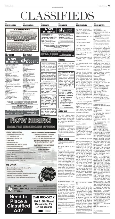 Classifieds - Friday, Aug 25, 2023 - The Gatesville Messenger