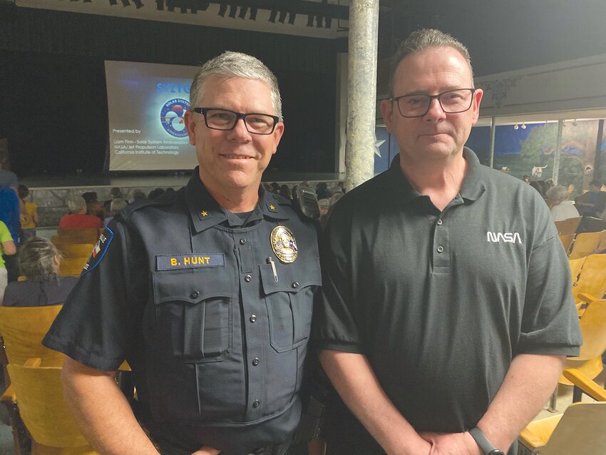 Gatesville Police Chief Brad Hunt is pictured with NASA Ambassador Liam Finn who was speaking about the solar eclipse at the Gatesville City Auditorium.