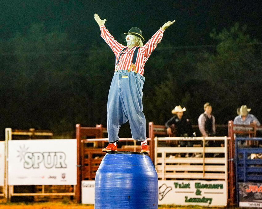 Rodeo clown Ronald Burton entertains the the crowd.