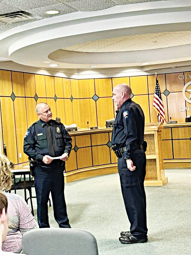 Sid Post (right) is pictured while being sworn in as the Lieutenant over patrol and animal control for the Gatesville Police Department.