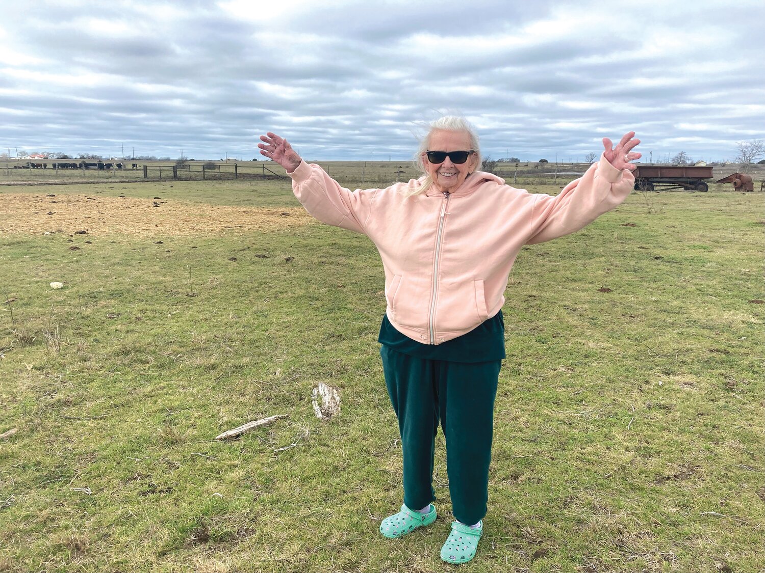 At home again! Barbara Hale Harrison was overjoyed to finally be able to walk on the Liljeblad Ranch where she was born 92 years ago.