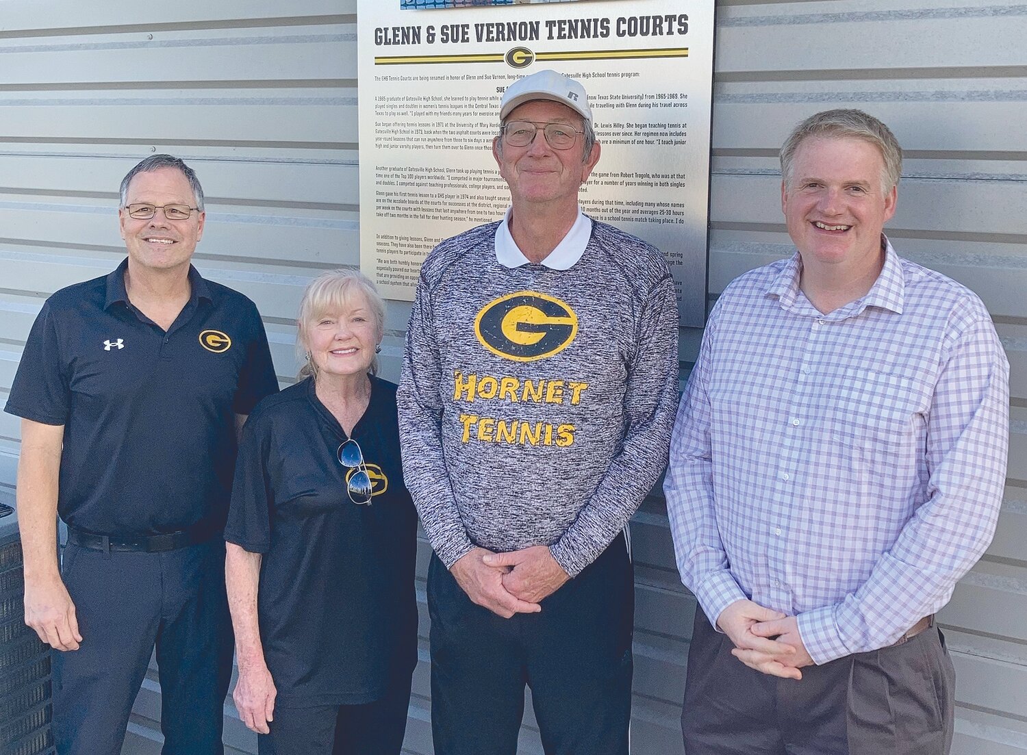 GISD Athletic Director Rickey Phillips (pictured left) honored Sue and Glen Vernon for their years of promoting the Gatesville High School tennis program. They were joined by Dr. Barrett Pollard (pictured right).