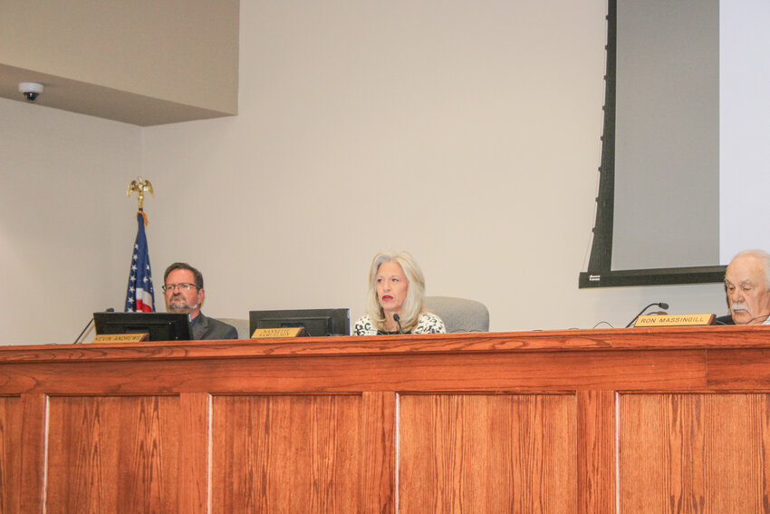 Hood County Precinct 2 Commissioner Nannette Samuelson addresses why the public hearing for the Wolf Hollow tax abatement agreement was canceled during a regularly scheduled Hood County Commissioner Court meeting on March 26.
