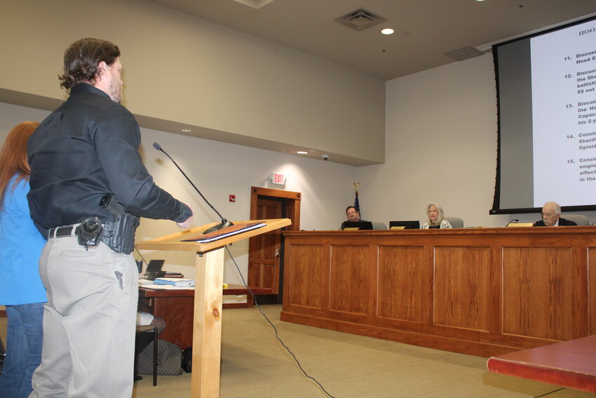 Lt. Gary Roberts with the Hood County Sheriff’s Office speaks to the Hood County Commissioners Court about the purchase of a narcotic identification device during a regularly scheduled meeting on March 26.