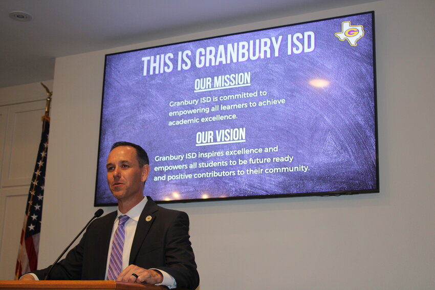 Granbury ISD Superintendent Dr. Jeremy Glenn educates the public about the district’s facts and statistics, as well as the new bond proposal during a United Republicans of Hood County meeting on April 9.
