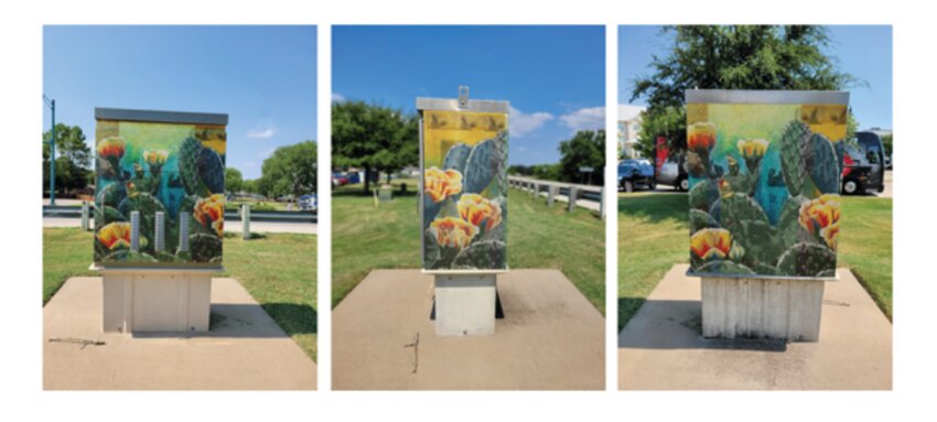 For the city of Granbury’s “Out of the Box” art program, local artist Mike Tabor painted cactuses in vibrant hues of yellow and green. This design was sponsored by U.S. Rep. Roger Williams and will be located on the utility box at Business 377 and the David Southern Lake Granbury Conference Center/Hewlett Park intersection.