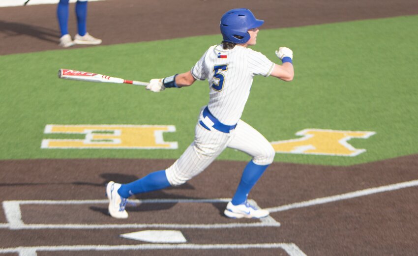 Cooper Atkinson earning a hit off the Crawford pitcher in a Bi-District game May 1.