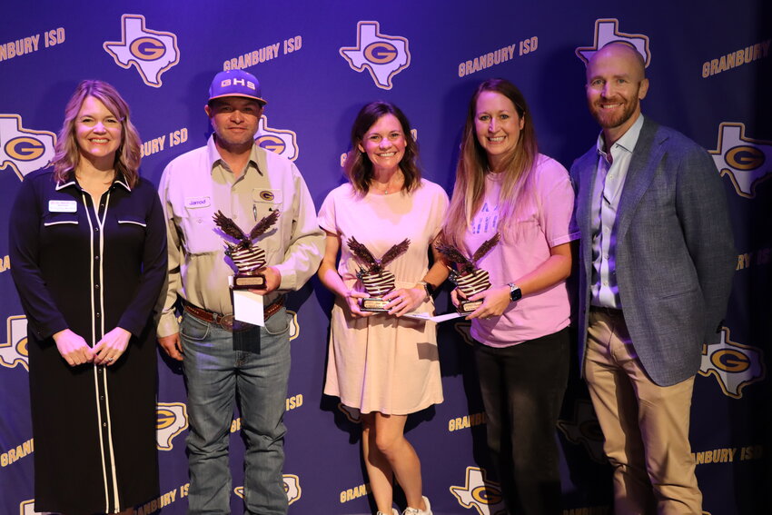 The winners of the Shottenkirk Automotive Group Award are Jarrod Vaught (middle left), Leska Miller (middle), and Lauren McNeal (middle right) pictured with superintendent Dr. Courtney Morawski (far left) and Brian Thompson of Shottenkirk Automotive (far right).