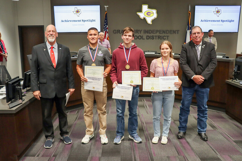 Granbury High School students Jonathan Hutchison, Andrew Nickell and Quinn King were each presented with the Lamar Award by the Granbury Masonic Lodge #392 during the Granbury Independent School District’s board of trustees meeting on April 22.