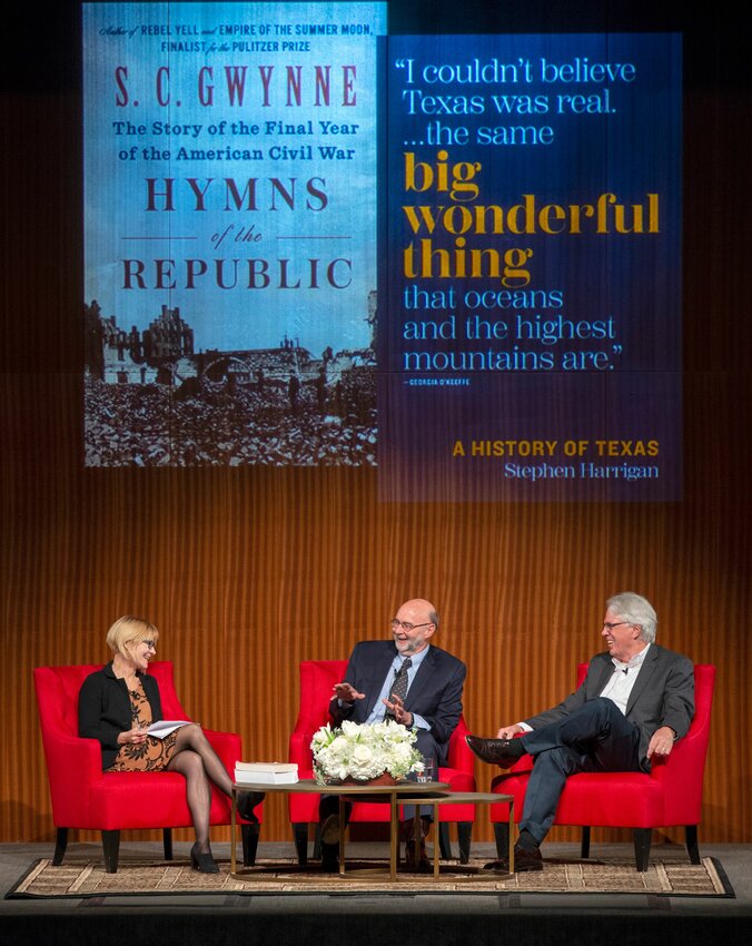 Elizabeth Crook (author of “The Which Way Tree” and “The Madstone”) moderates “An Evening with S.C. Gwynne and Stephen Harrigan” at the LBJ Library Oct. 16, 2019. Shown are (L-R): are Crook, Harrigan and Gwynne. Harrigan and Gwynne will join Justice Ken Wise Nov. 7 in Granbury.