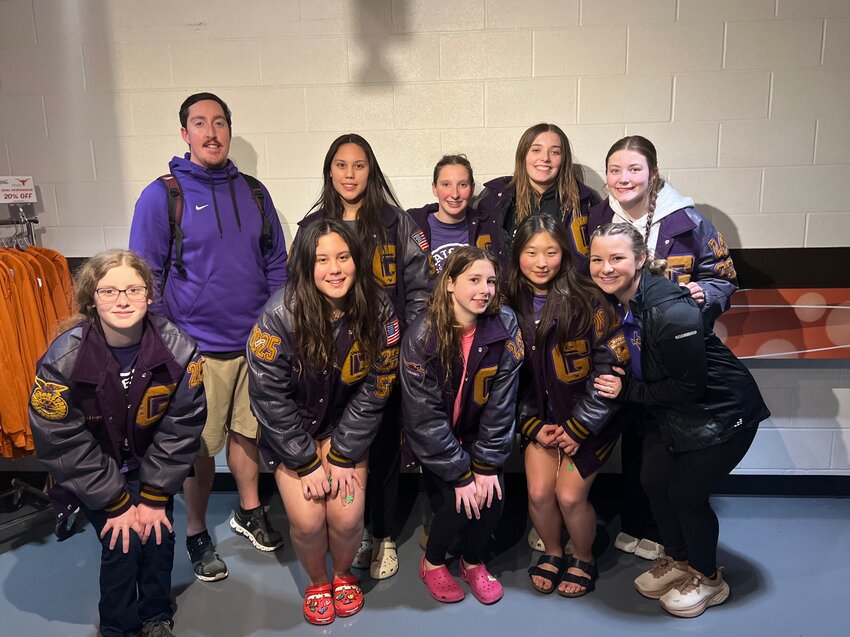 Another successful swim season for Granbury ended with competitors at state. Pictured are (top row, from left) coach Charles Overton, Mylie Erezo, Bailey McDermott, Avery Young, Remi Chastain (alternate), (bottom) Autum Stuart (alternate), Madison Erezo (alternate), Carmen Citzler, Jina Kim and assistant coach Destiny Miller.