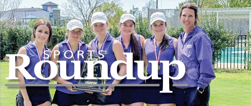 Tolar girls golf team posing with their District Championship trophy.