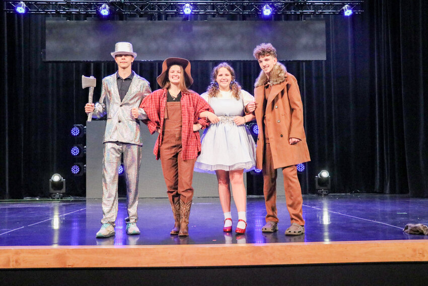 The leads of Cornerstone’s production from left, Joshua Robinson as the tin man, Haley Clark as the scarecrow, Hope Duke as Dorthy, and Drew Tompkins as the cowardly lion.