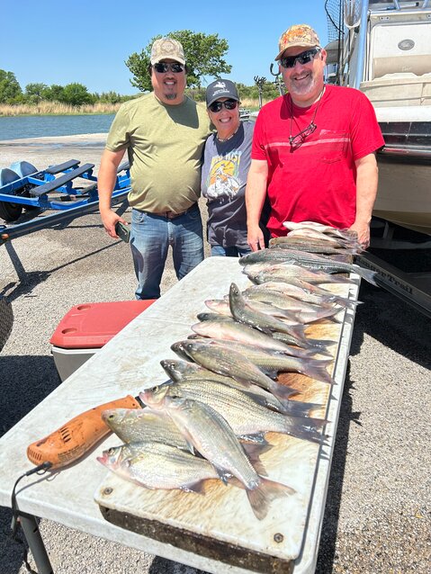 From left is Willis Hensley, Hollie Watson and John Feltner with their catch of Granbury sandbass and striped bass.