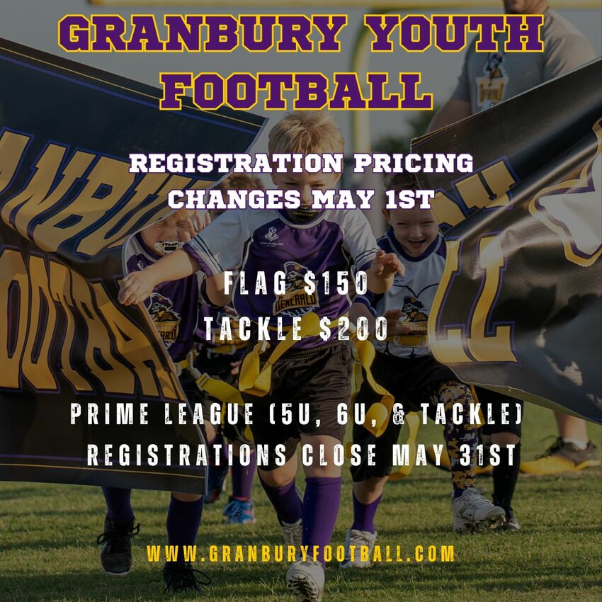 Granbury youth football registration is open with two leagues, Prime league (tackle) and Flag