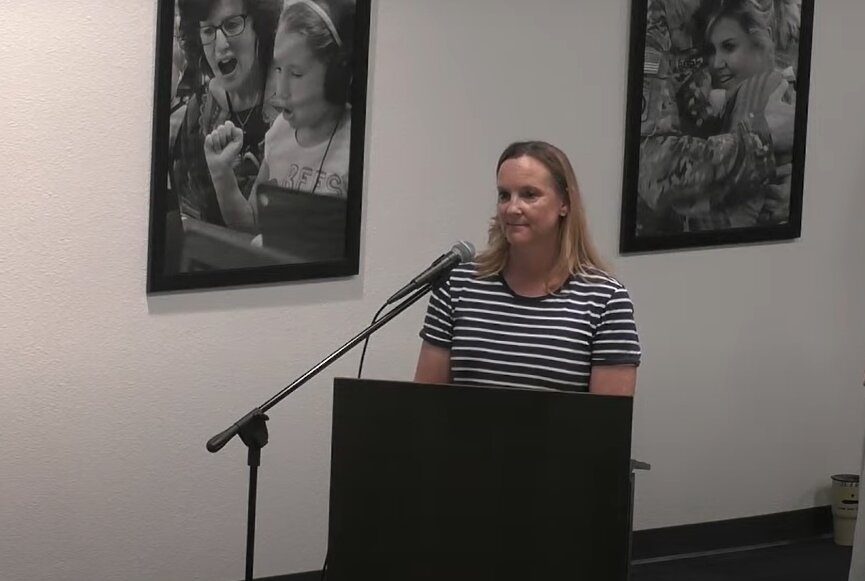 Granbury ISD Director of Child Nutrition Amy Whiteley speaks during the May 15 school board meeting regarding the U.S. Department of Agriculture’s Community Eligibility Provision (CEP) program.