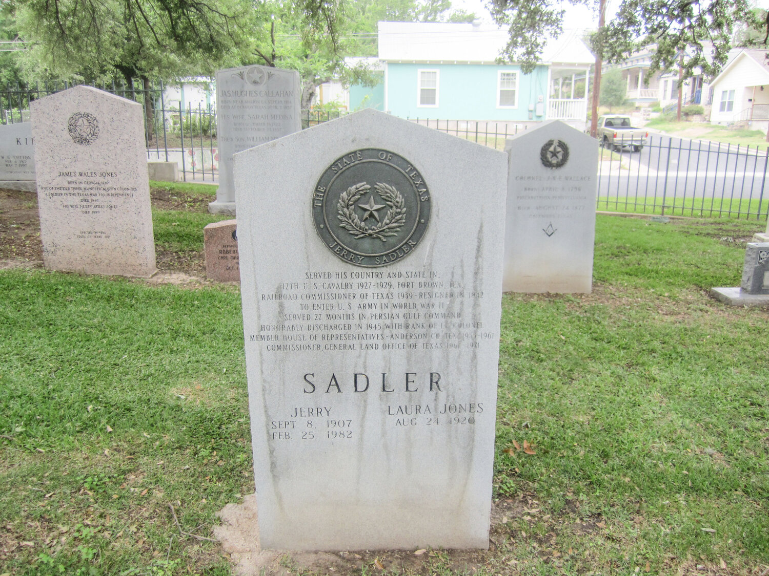 The gravestone of Jerry Sadler, who gave a speech in Granbury in 1940 during his campaign for governor of Texas, is pictured, from its location in the Texas State Cemetery in Austin. Sadler served the country with two stints in the Army, then went on to be elected to the Texas House of Representatives before being commissioner of the Texas General Land Office from 1961-1971.