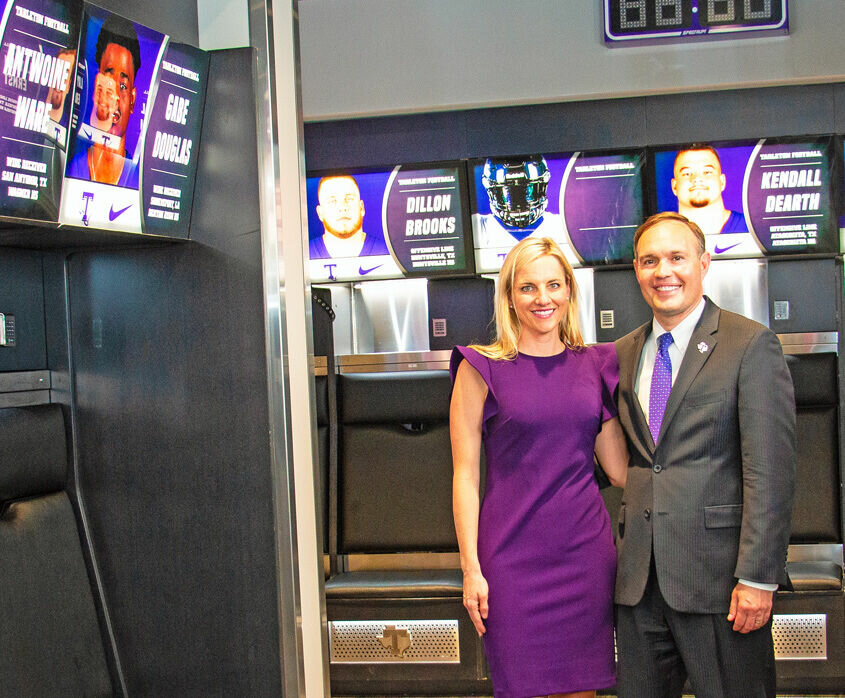 STATE OF THE ART: Tarleton’s First Lady Kindall Hurley and President James Hurley stand in the Texans’ state-of-the-art locker room.